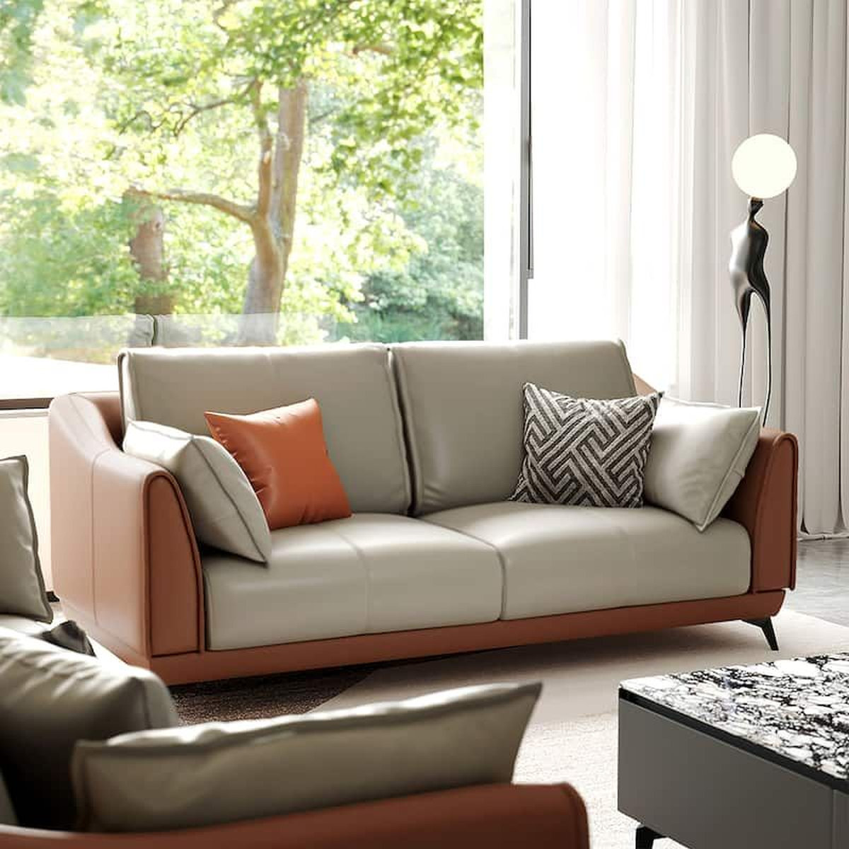 Mẫu bọc ghế sofa Quận 7 da phối màu xám kem và cam đất