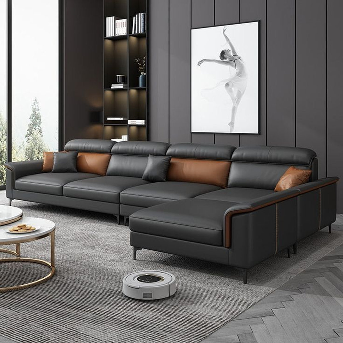 Bọc ghế sofa Bình Thạnh da góc chữ L màu xám đen phối nâu