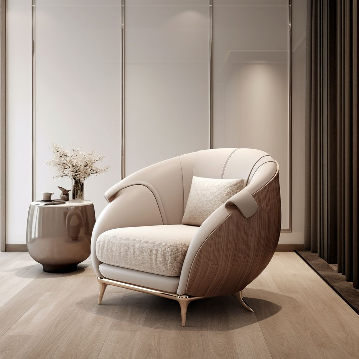 Mẫu ghế sofa đơn bo tròn ốp gỗ