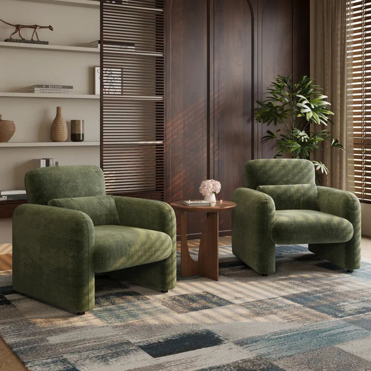 Mẫu ghế sofa đơn thiết kế bo tròn bọc nỉ màu xanh rêu
