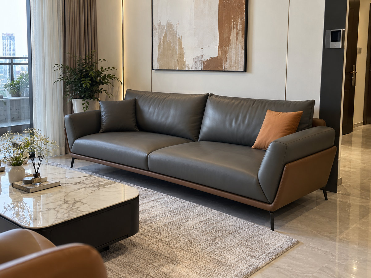 Mẫu bọc ghế sofa Quận 3 da phối màu xám và nâu đất hiện đại