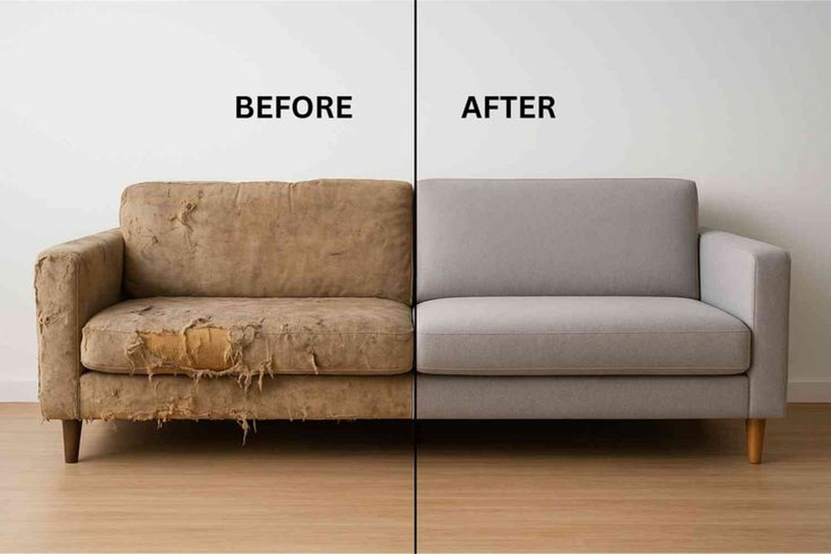 Bọc ghế sofa cũ trước và sau khi thay lớp bọc mới